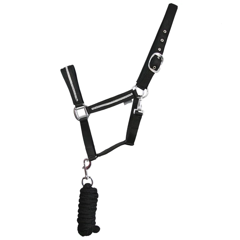 Hy Equestrian Sparkling Head Collar And Lead Rope Set - Black/Silver